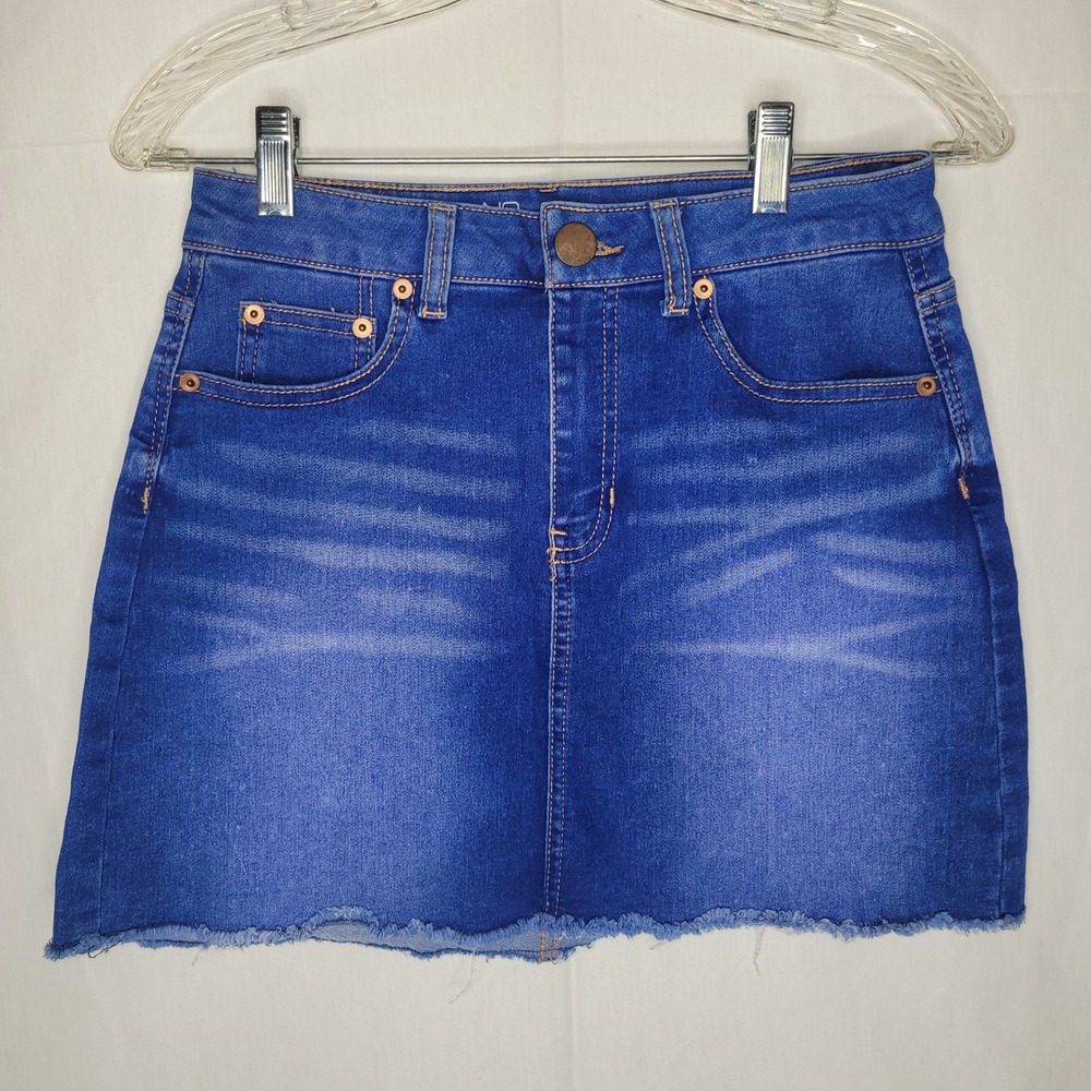 No Boundaries Blue‎ Denim Raw Hem Mid Rise Mini Skirt Size 9